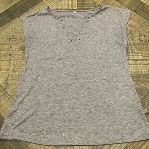 Casual Gray Brown Women's Top with Eyelet Accents